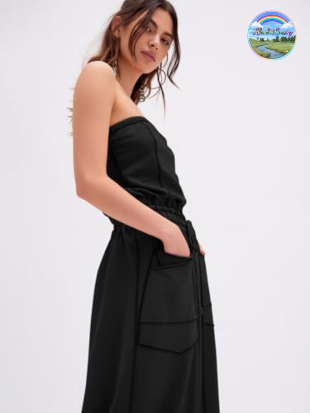 Women's Strapless Wide Leg Jumpsuit Sleeveless Drawstring One Piece Pockets